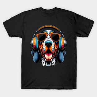 Grinning Bluetick Coonhound as Smiling DJ with Headphones T-Shirt